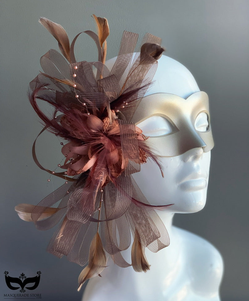 Grace Champagne Mask - Brown Feathers
