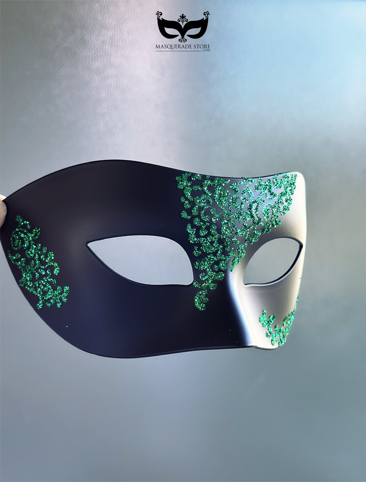 Mens Black Mask with Green Filigree