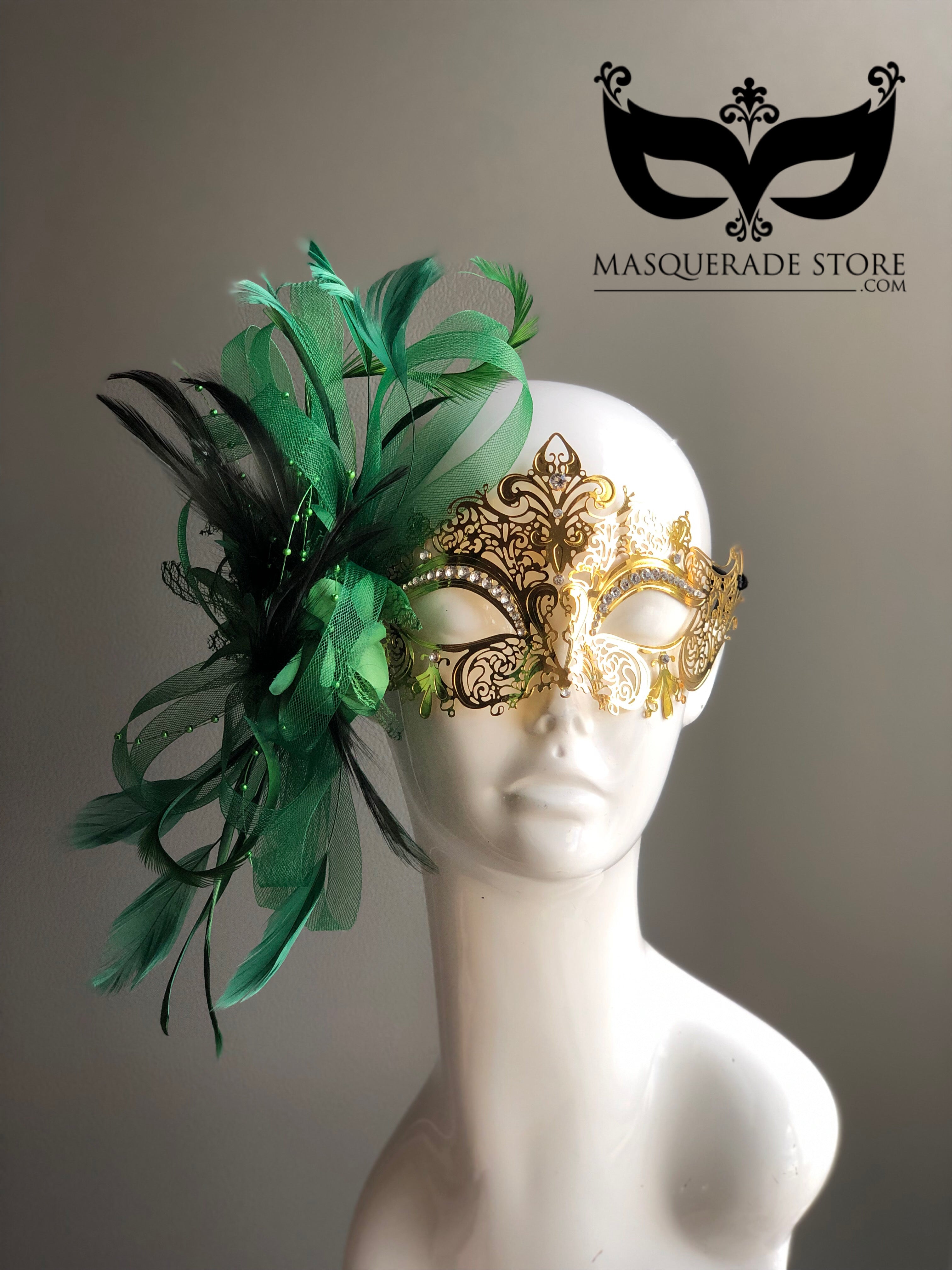 Gold Mask with Green Feather