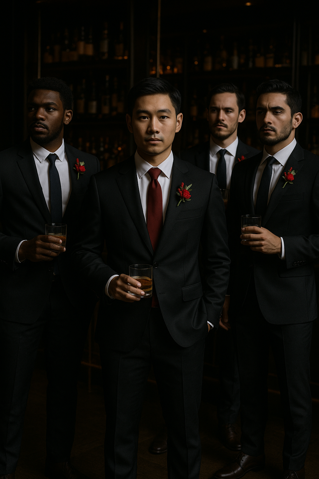 Wedding Boutonniere Set - 6 PCS - Red Green White