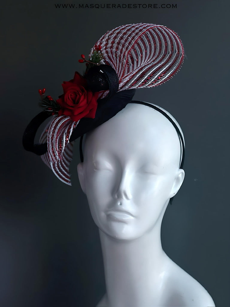 Red Rose Christmas Fascinator Hat with Candy Cane Mesh