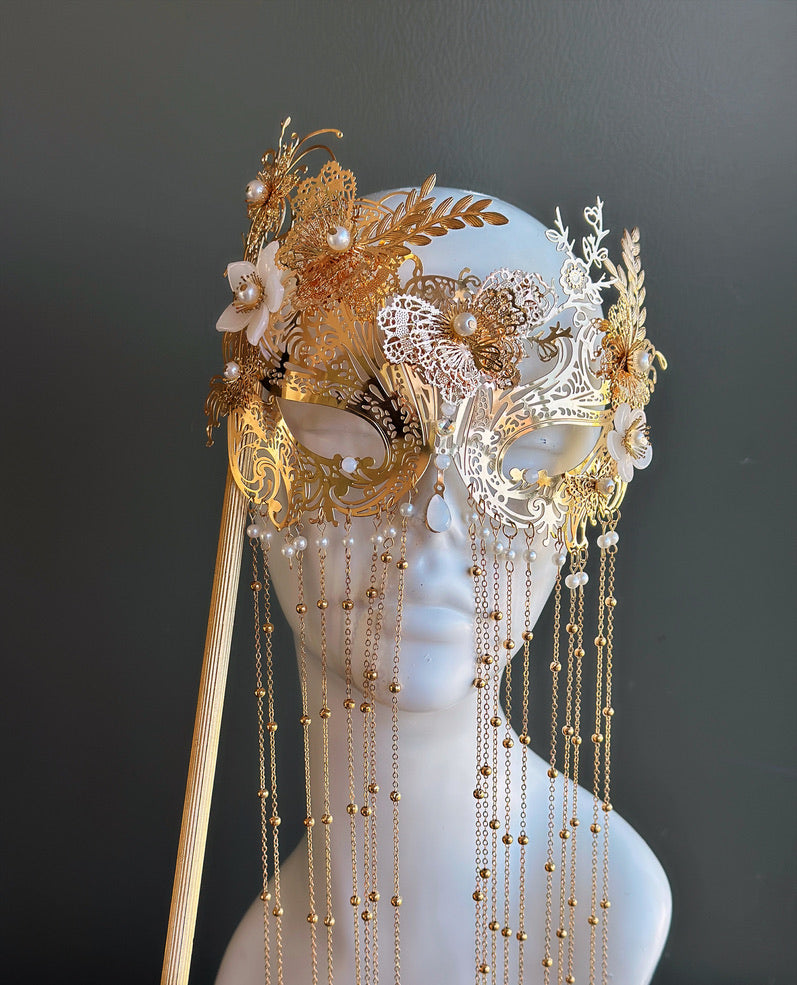 Gold Butterfly Masquerade Mask with Pearl Chain Fringe