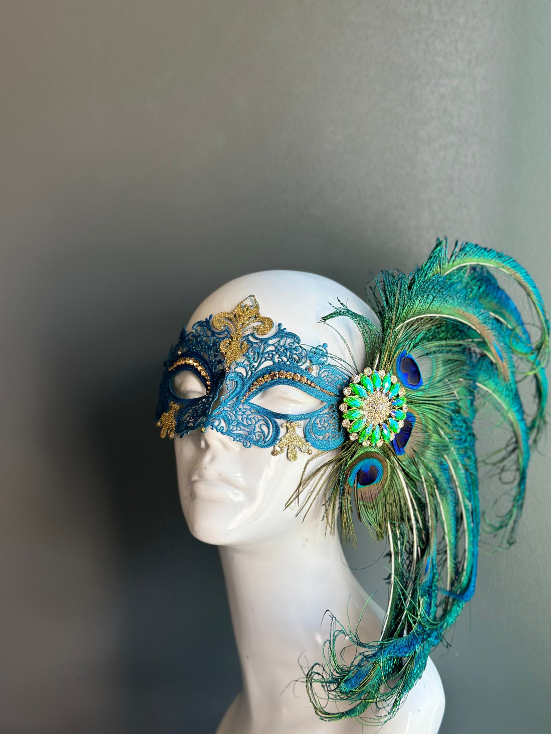 Turquoise Goddess Mask - Peacock feathers