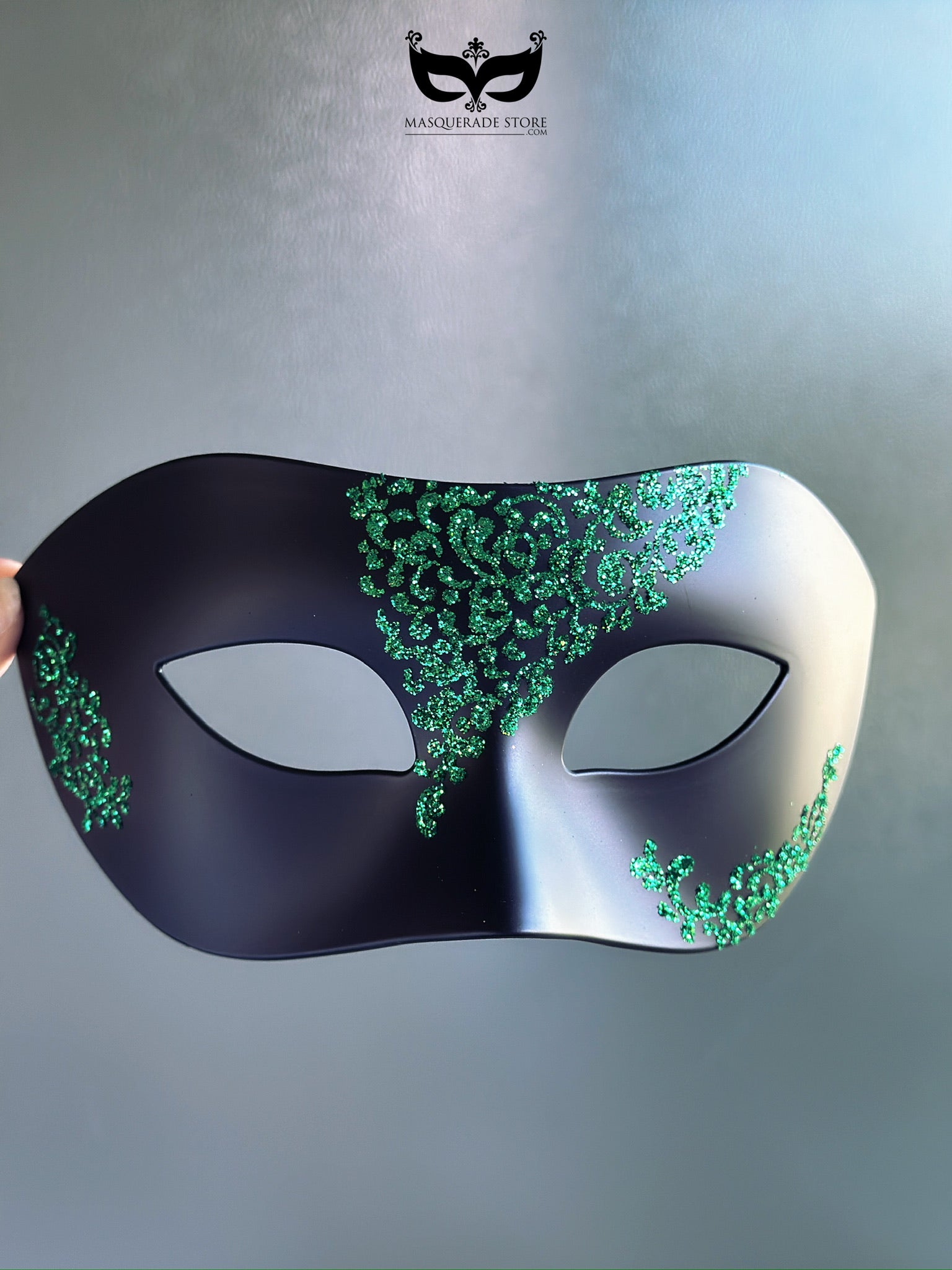 Mens Black Mask with Green Filigree