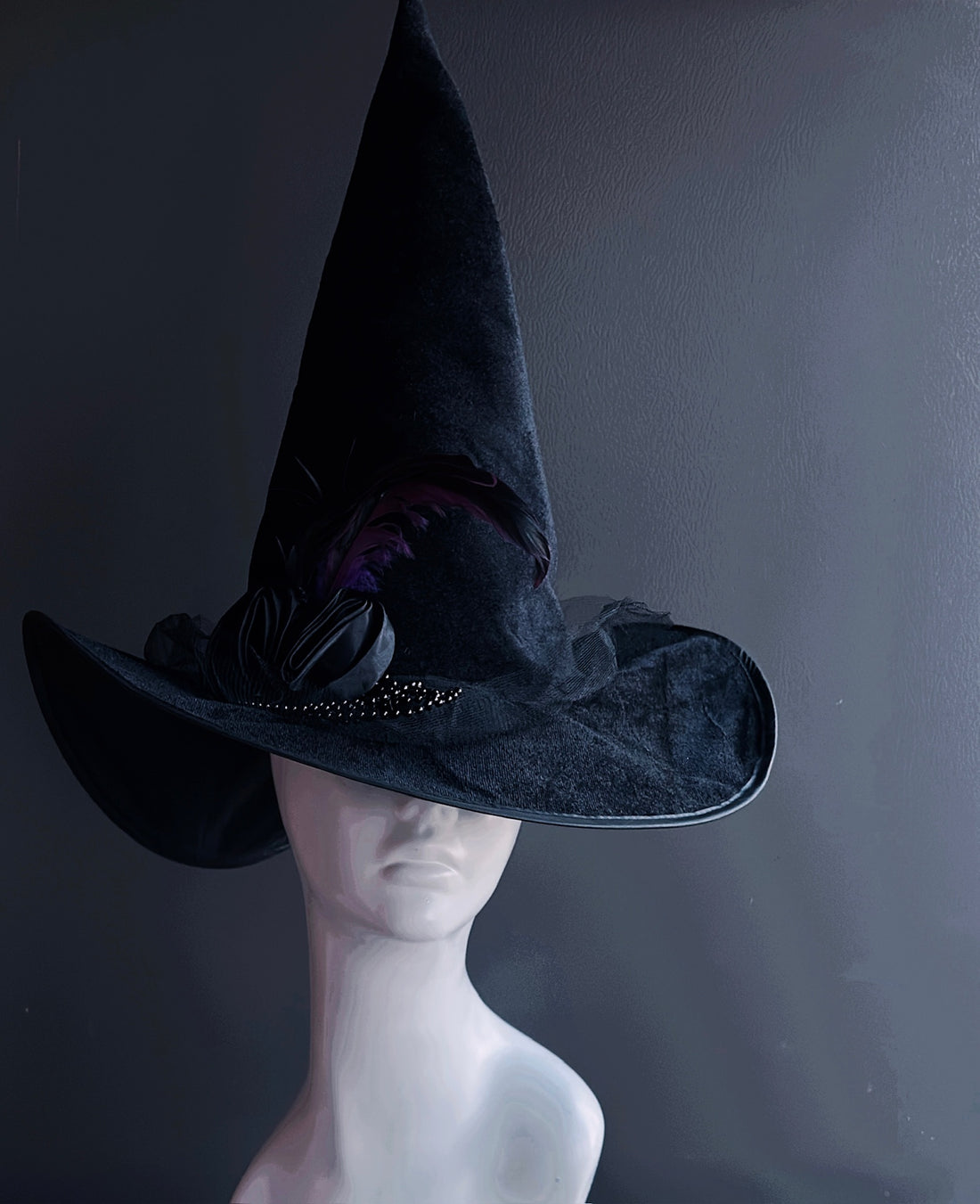 Black Velvet Witch Hat with Purple Feather