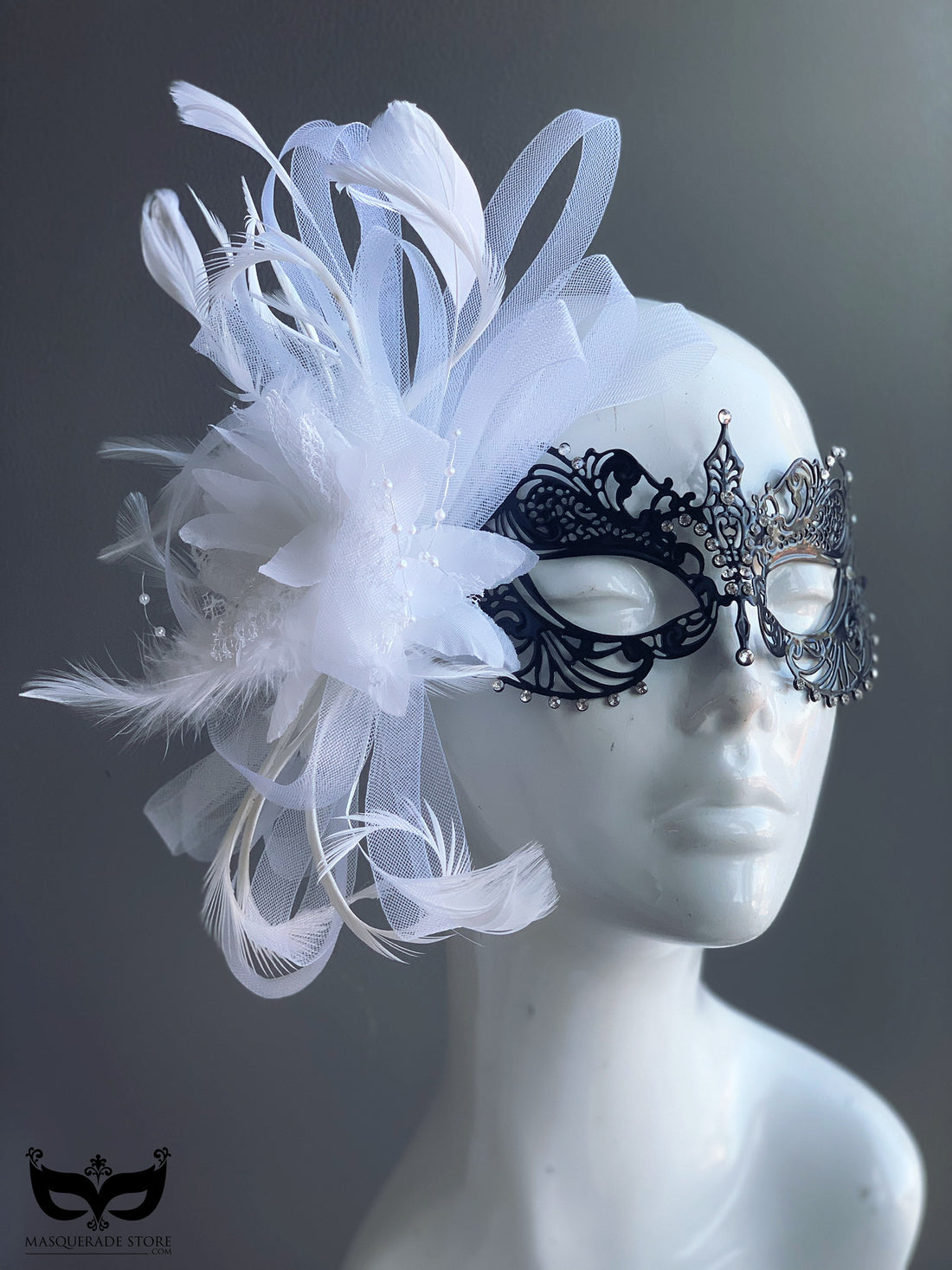 Ana Black Metal Mask - White Feathers