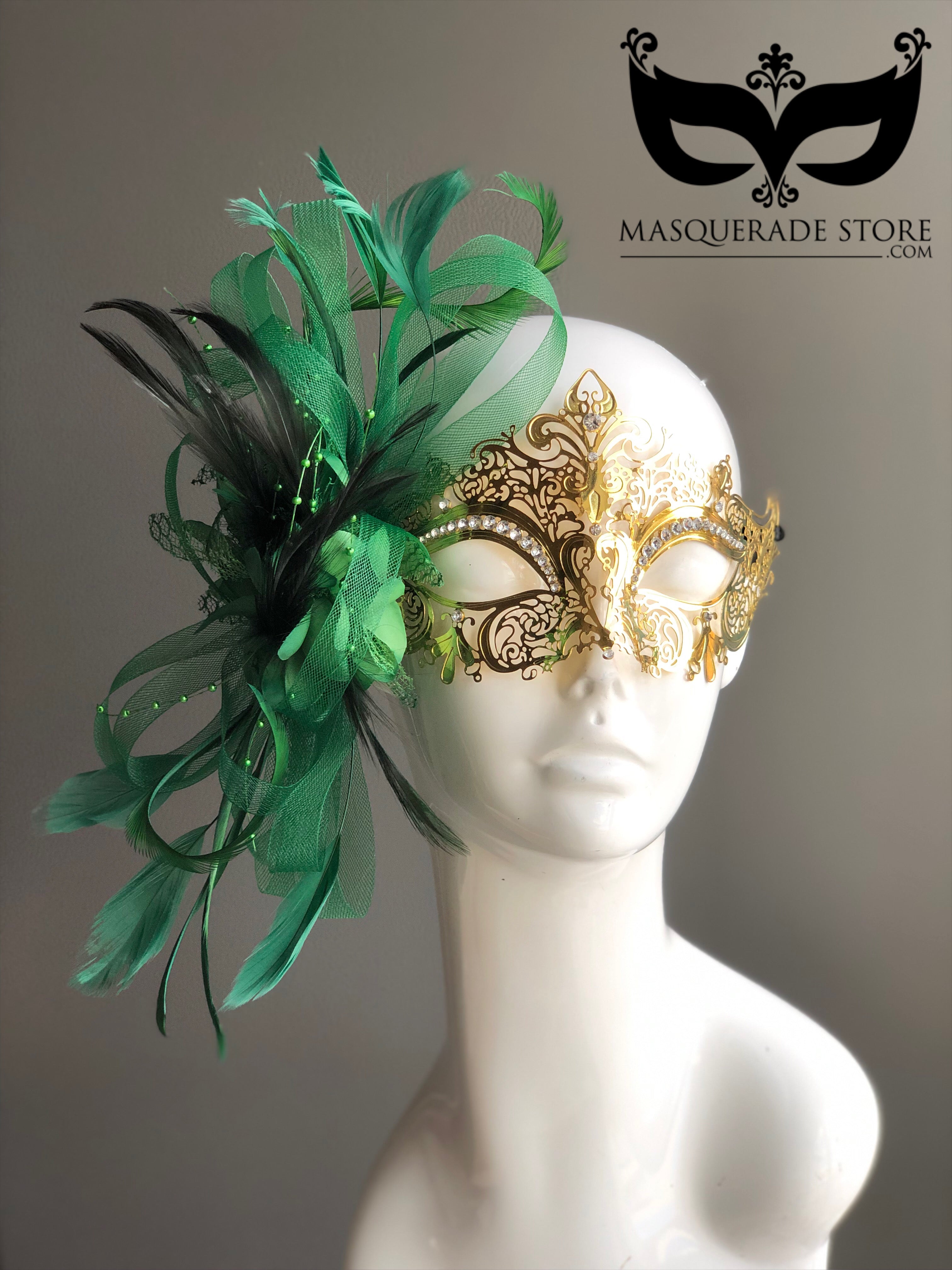 Gold Mask with Green Feather