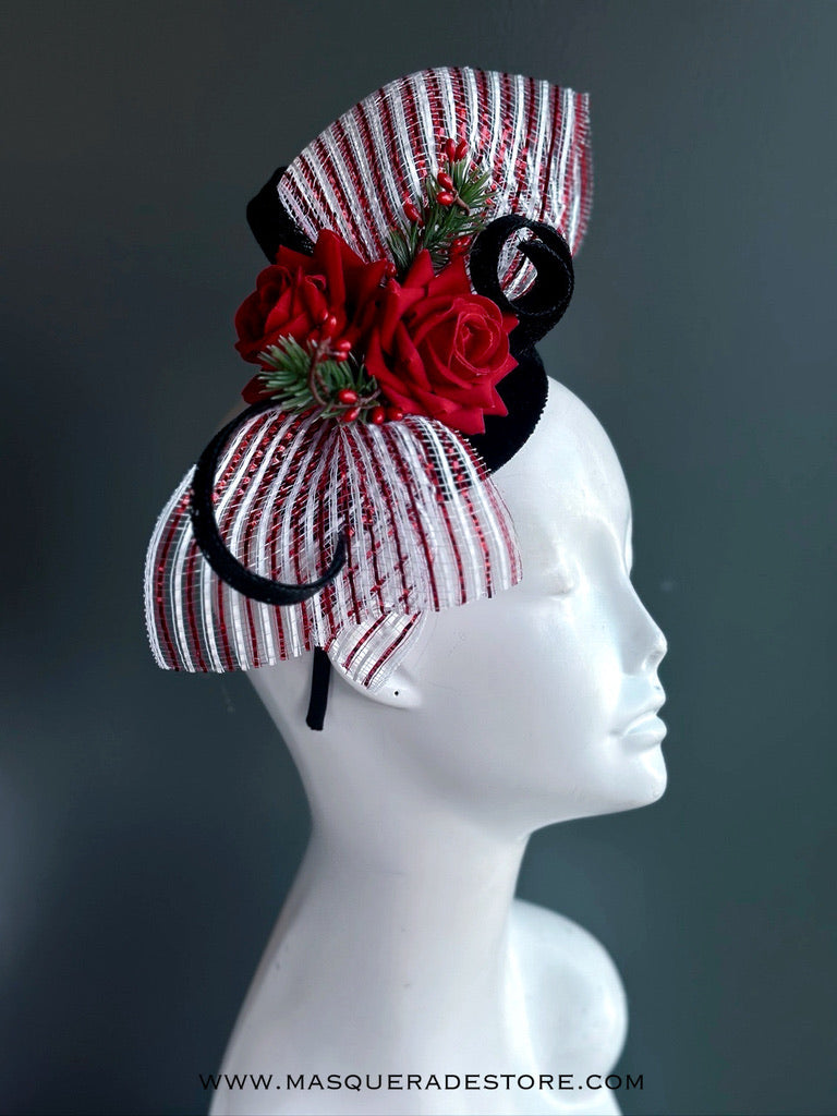 Red Rose Christmas Fascinator Hat with Candy Cane Mesh