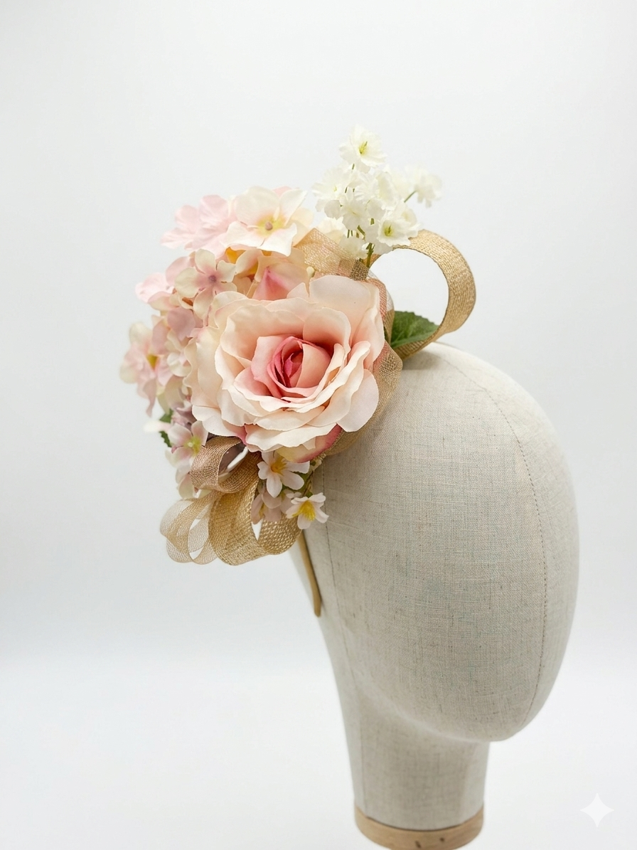 Blush Rose and Hydrangea Fascinator - Pink
