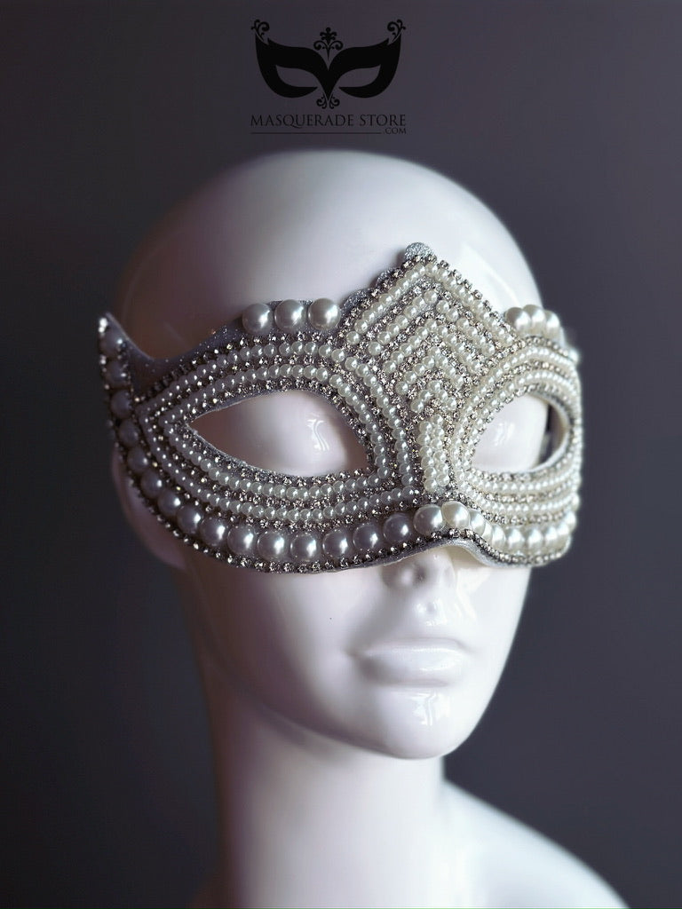 White Pearl Rhinestone Womens Masquerade Mask
