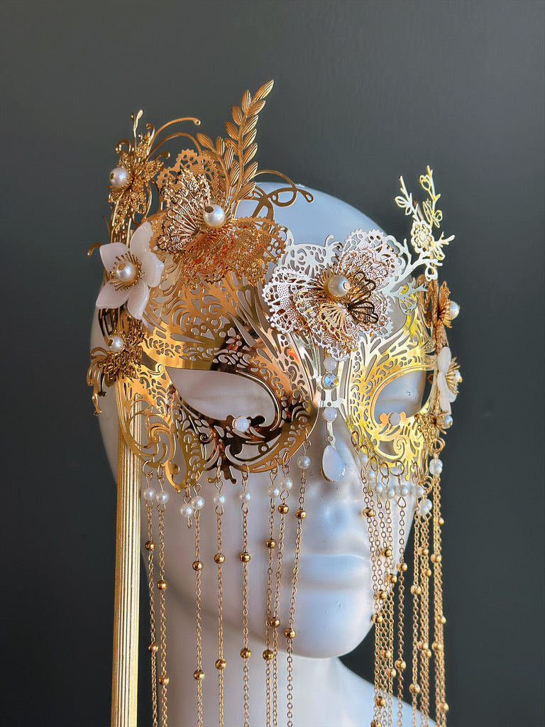 Gold Butterfly Masquerade Mask with Pearl Chain Fringe
