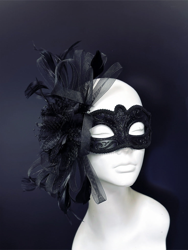 Gothic Lace & Ribbon - Black Feather Mask