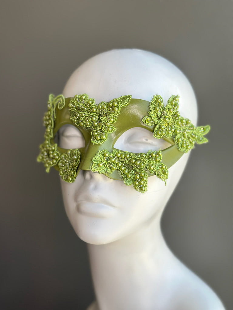 Verdant Bloom - Olive Green Floral Lace Masquerade Mask