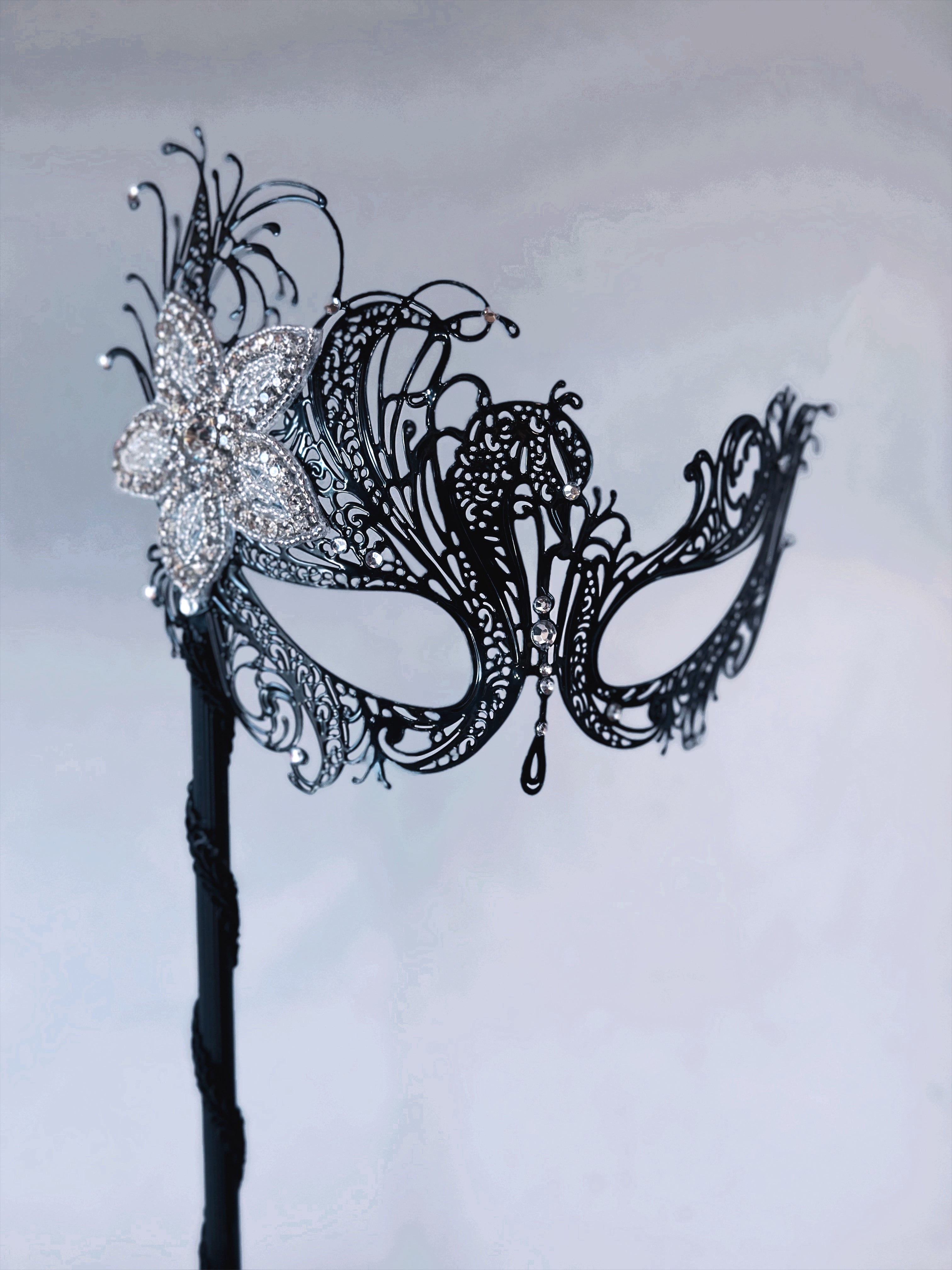 Swan Rhinestone Handheld Mask - Silver Brooch