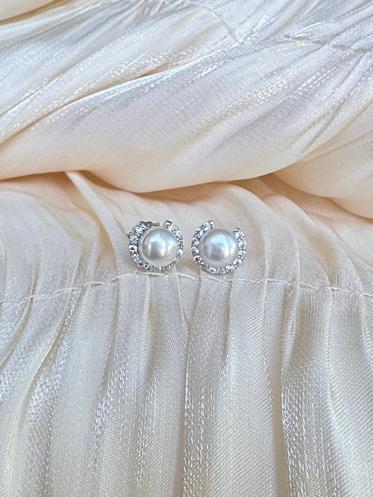 Ethereal Crescent Pearl Stud Earrings