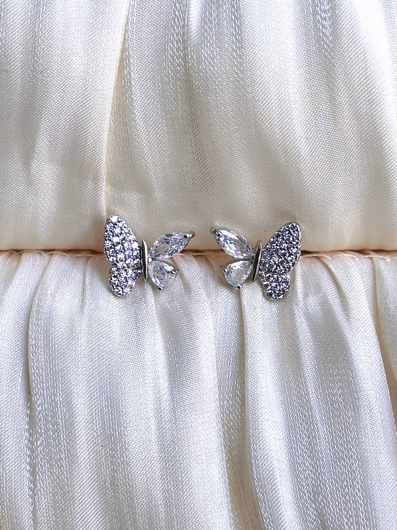 Crystal Butterfly Stud Earrings (Silver)