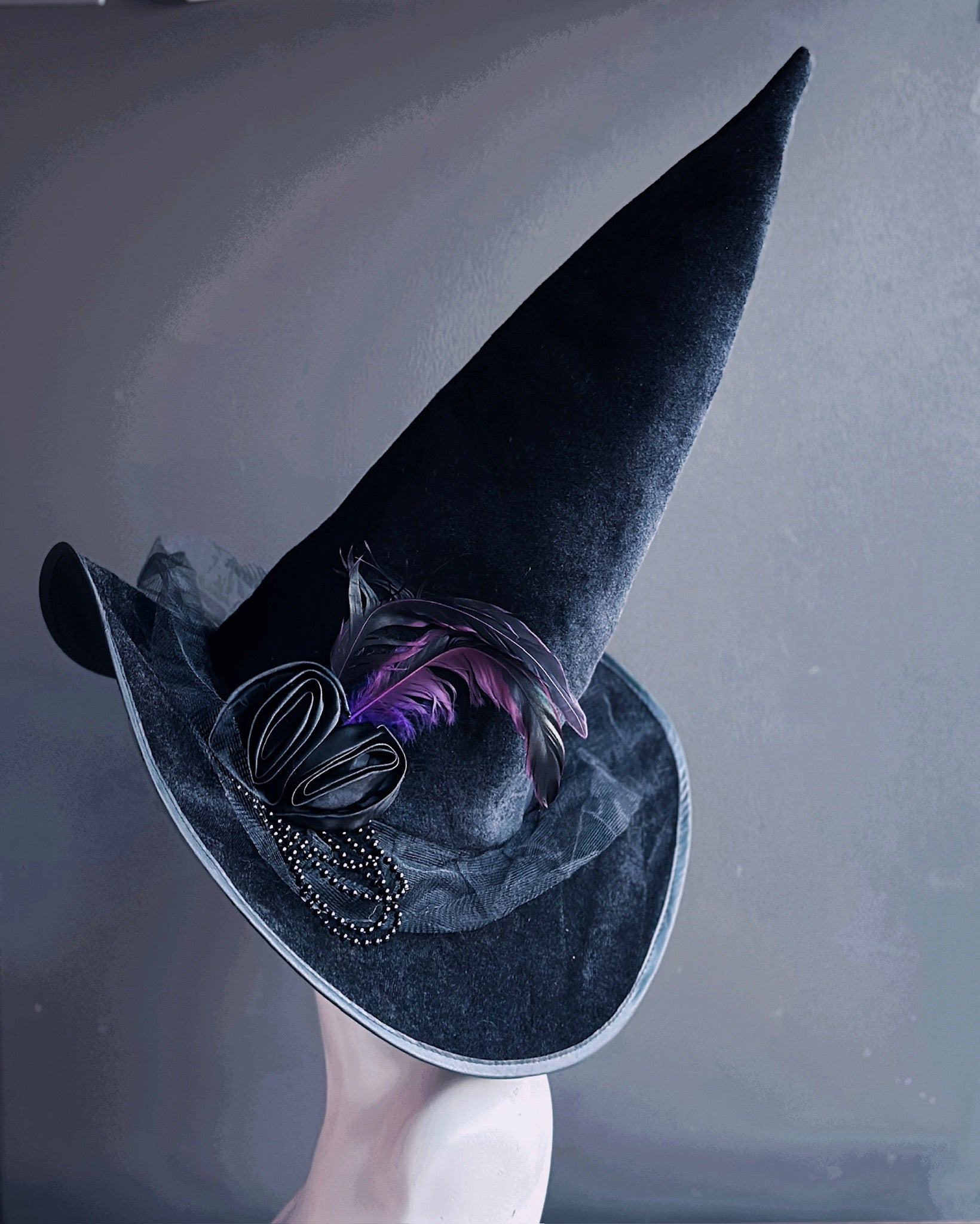 Black Velvet Witch Hat with Purple Feather