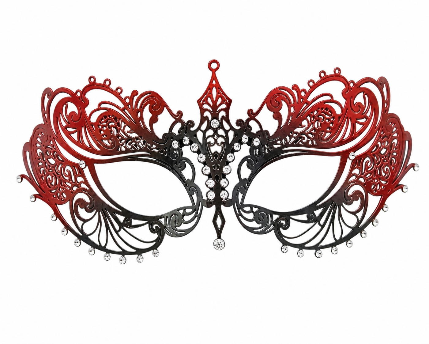This red black metal masquerade mask features a Venetian-inspired filigree silhouette with open scrollwork, rhinestone accents, and ribbon ties.