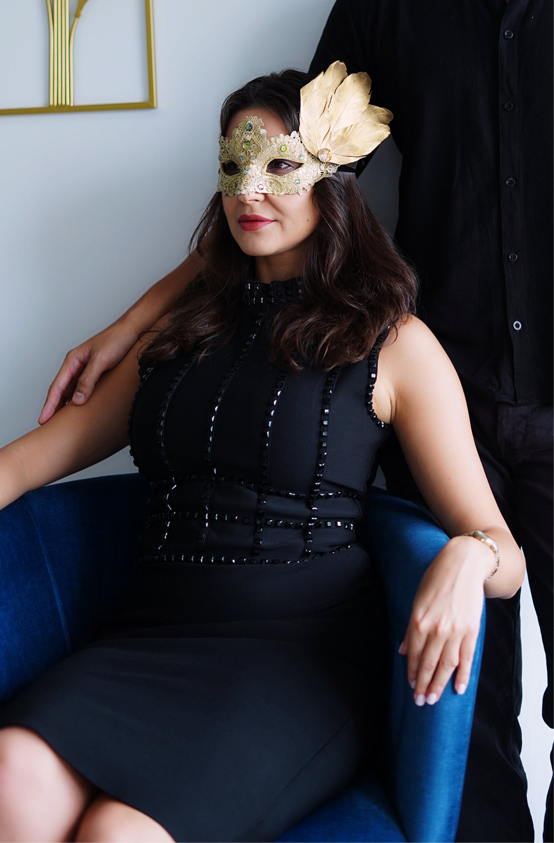 Gem Lace Mask - Gold Feather