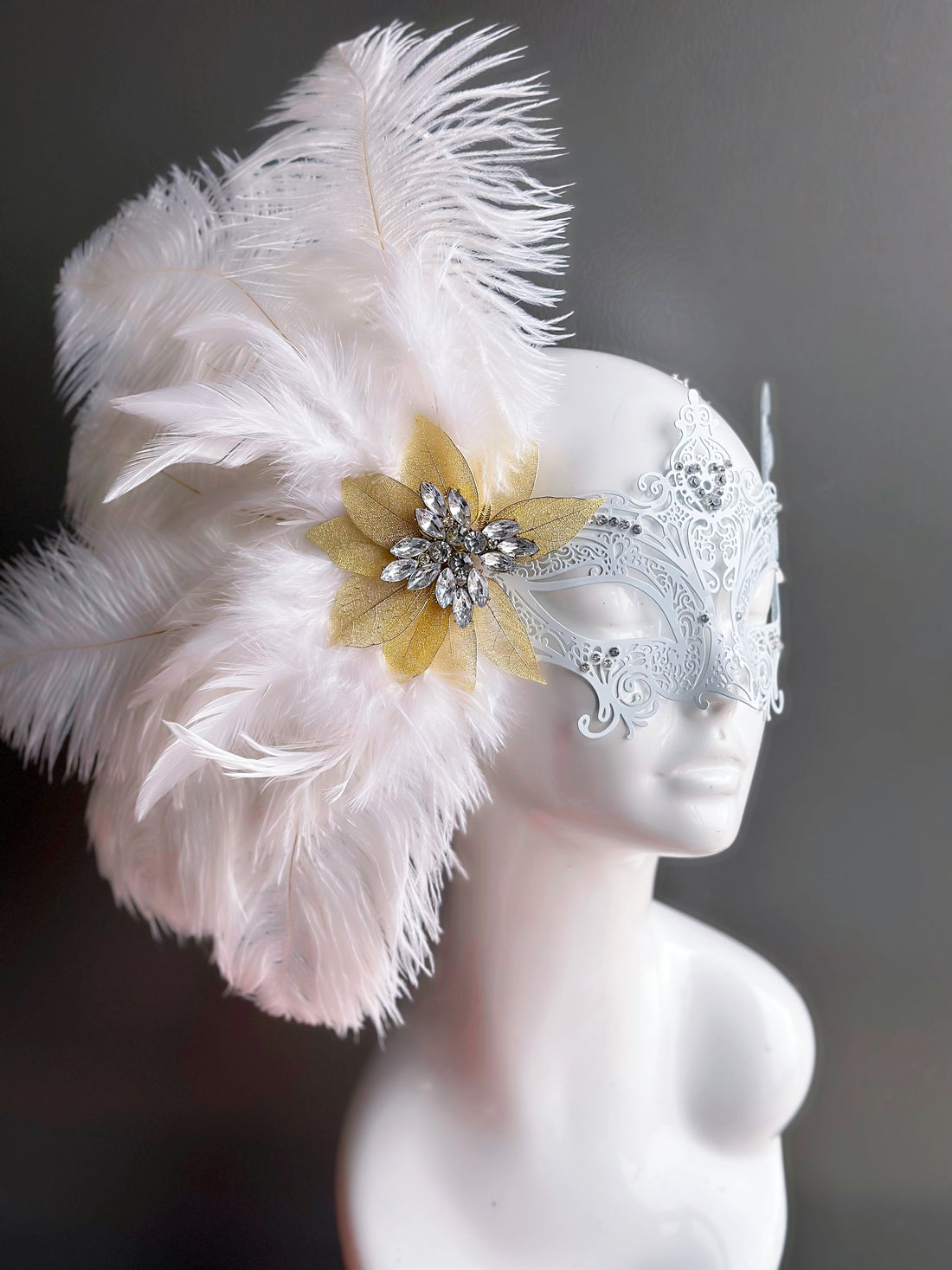 Frosted Gala - White Feather Metal Mask