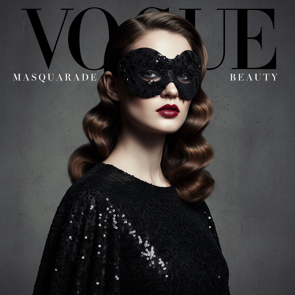 Black masquerade mask with sequin and bead detailing.