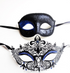 Elegant black and blue couples masquerade mask set with glitter, rhinestones, and filigree detail.