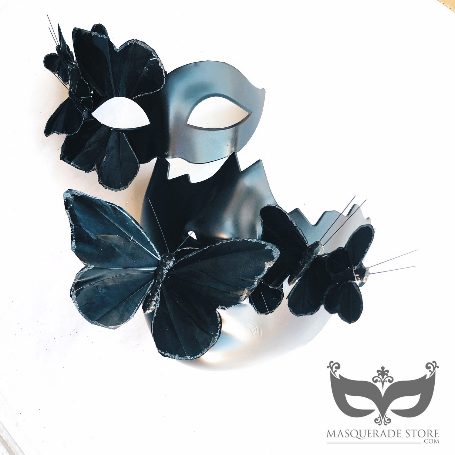 Black butterfly couples masquerade masks with 3D butterfly accents for men and women.