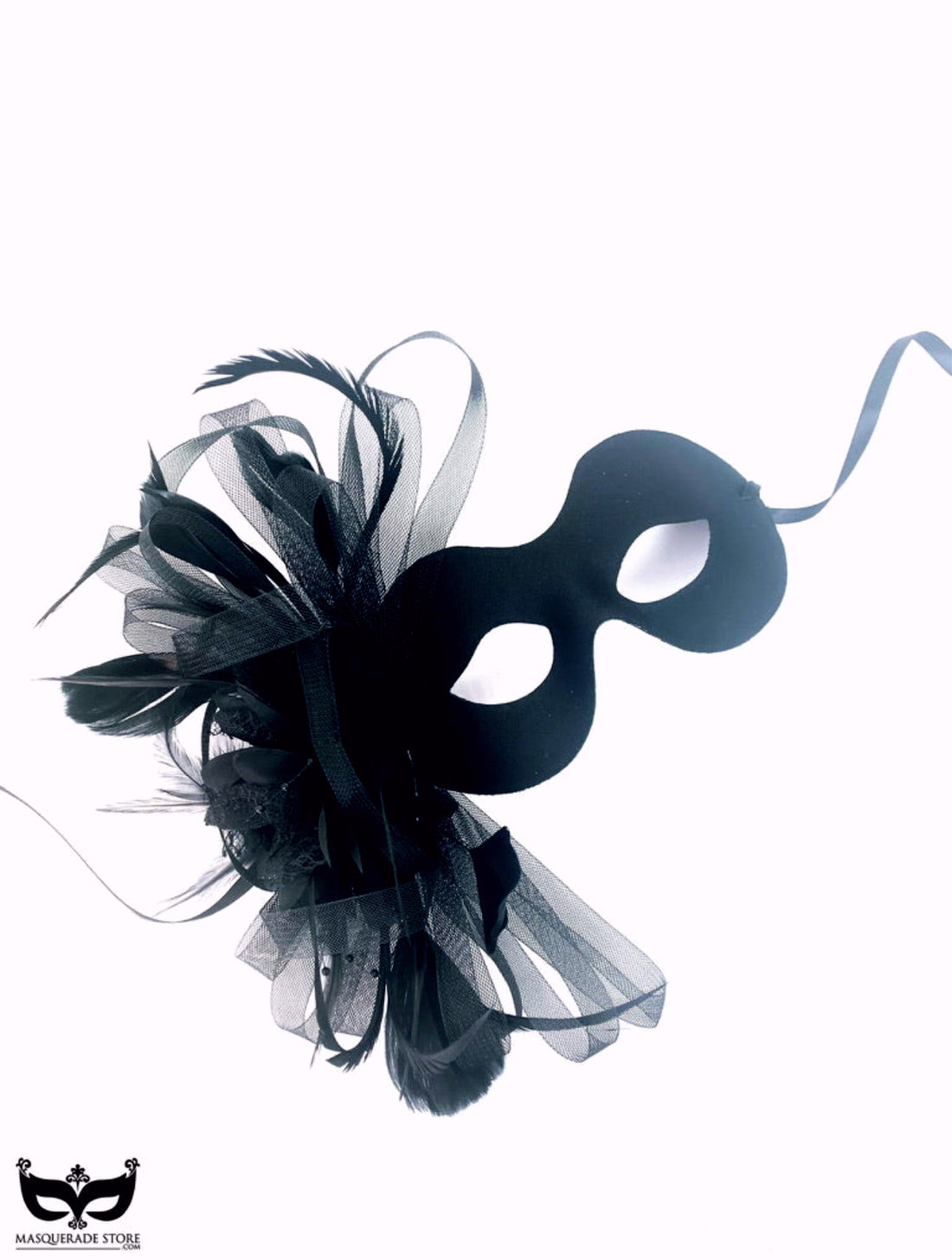 Elegant black masquerade mask adorned with feathers and tulle layers, ideal for formal events or black-tie masquerades.