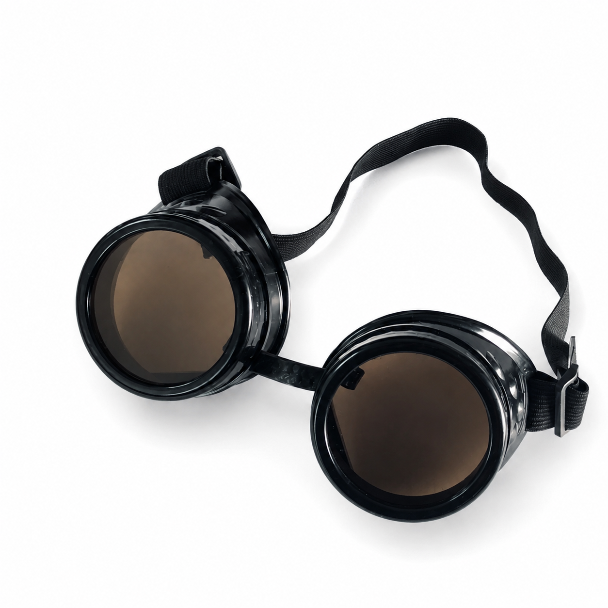 Black Foundry steampunk goggles with dark round lenses, glossy black frames, adjustable elastic strap, and side buckle details.