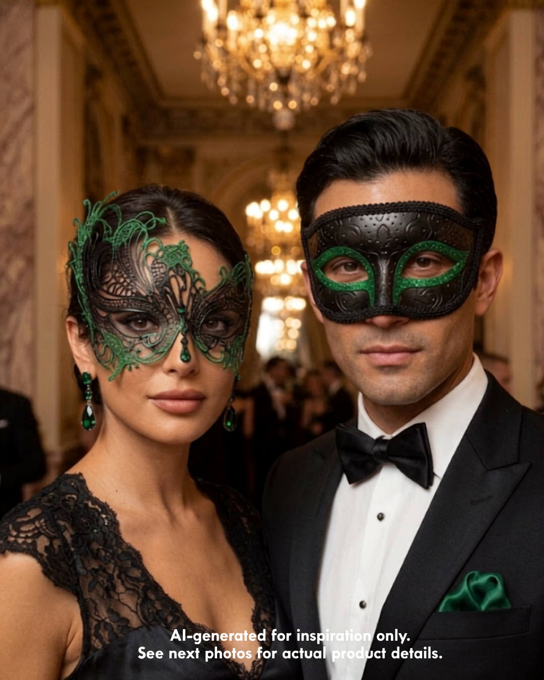 Black and emerald green Venetian couples masquerade mask set with men’s eye mask and women’s swan filigree mask for formal masquerade ball.