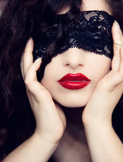 Sultry black lace masquerade blindfold mask styled for boudoir or costume wear
