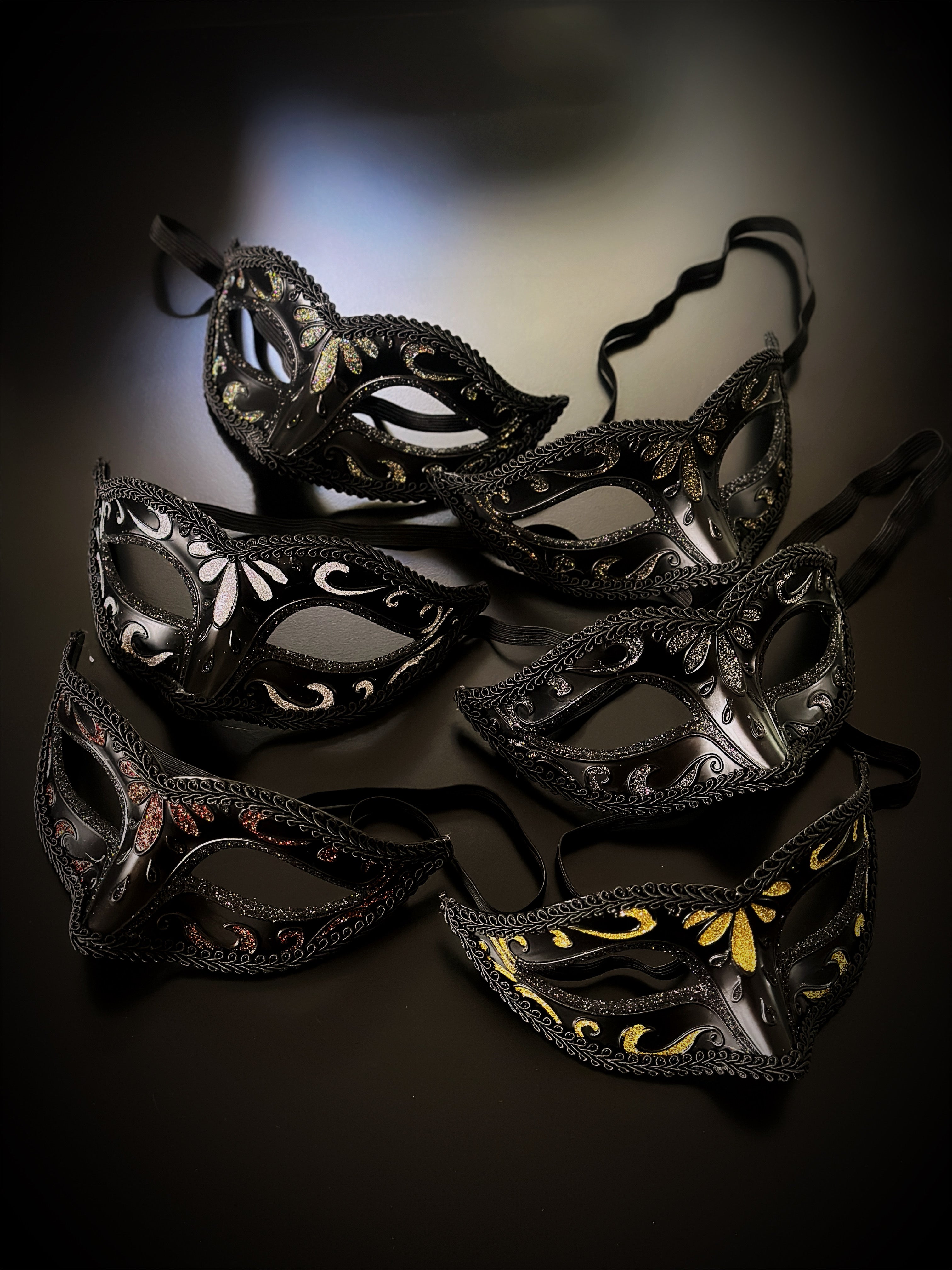 Black party masquerade mask pack with assorted shiny details, perfect for events and celebrations