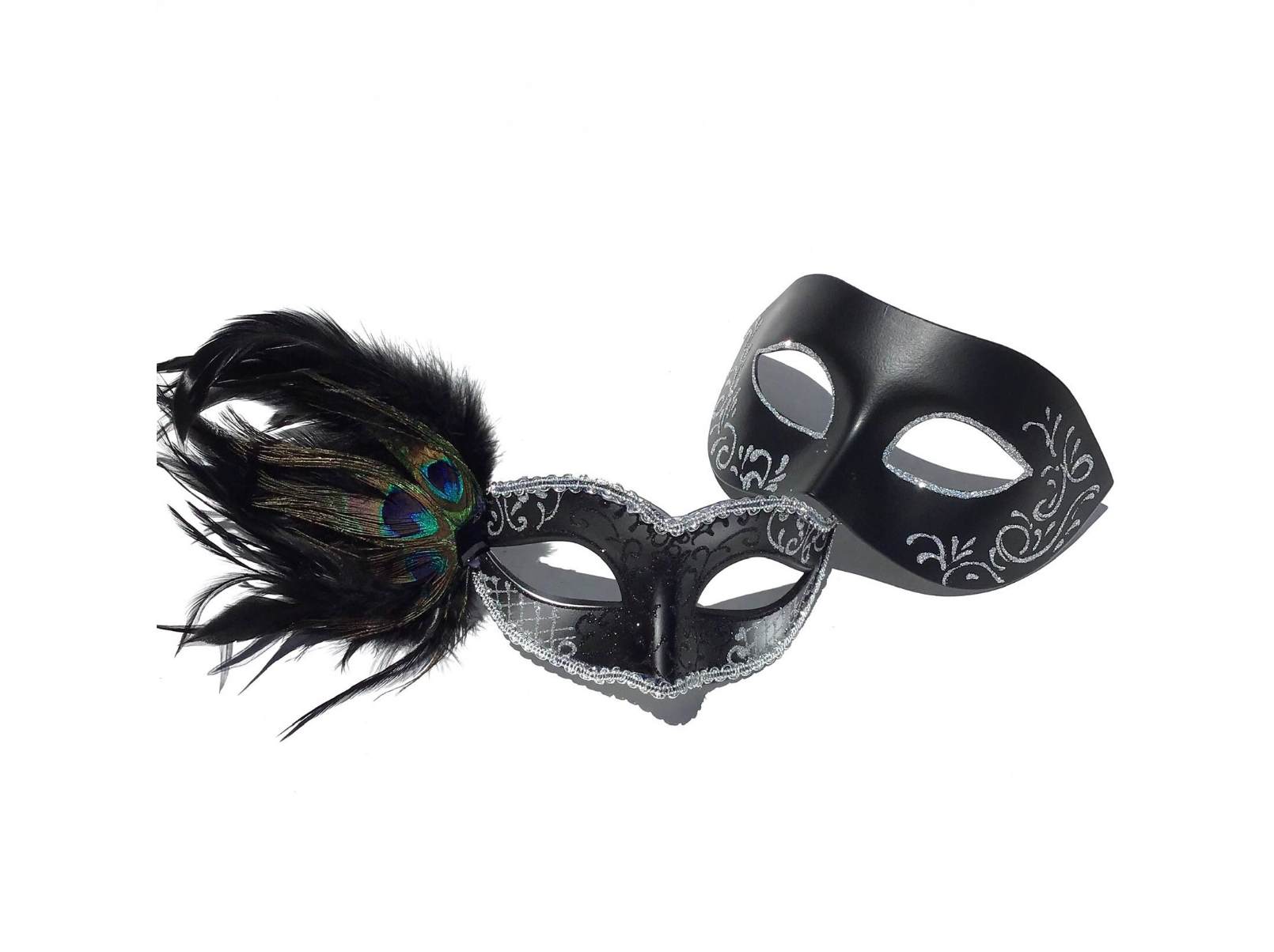 Black masquerade mask set including peacock feather mask, rhinestone mask, and plain black men’s mask