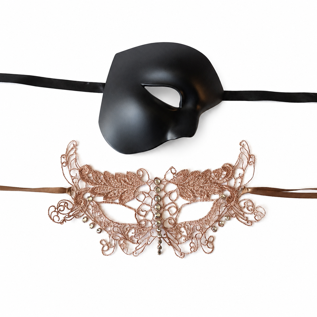 Black rose gold couples masquerade mask set with smooth black phantom-style men’s mask and crystal lace women’s mask for gala and formal events.
