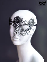 Black and silver lace masquerade mask with gothic detailing for women’s prom, ball, or Halloween party.