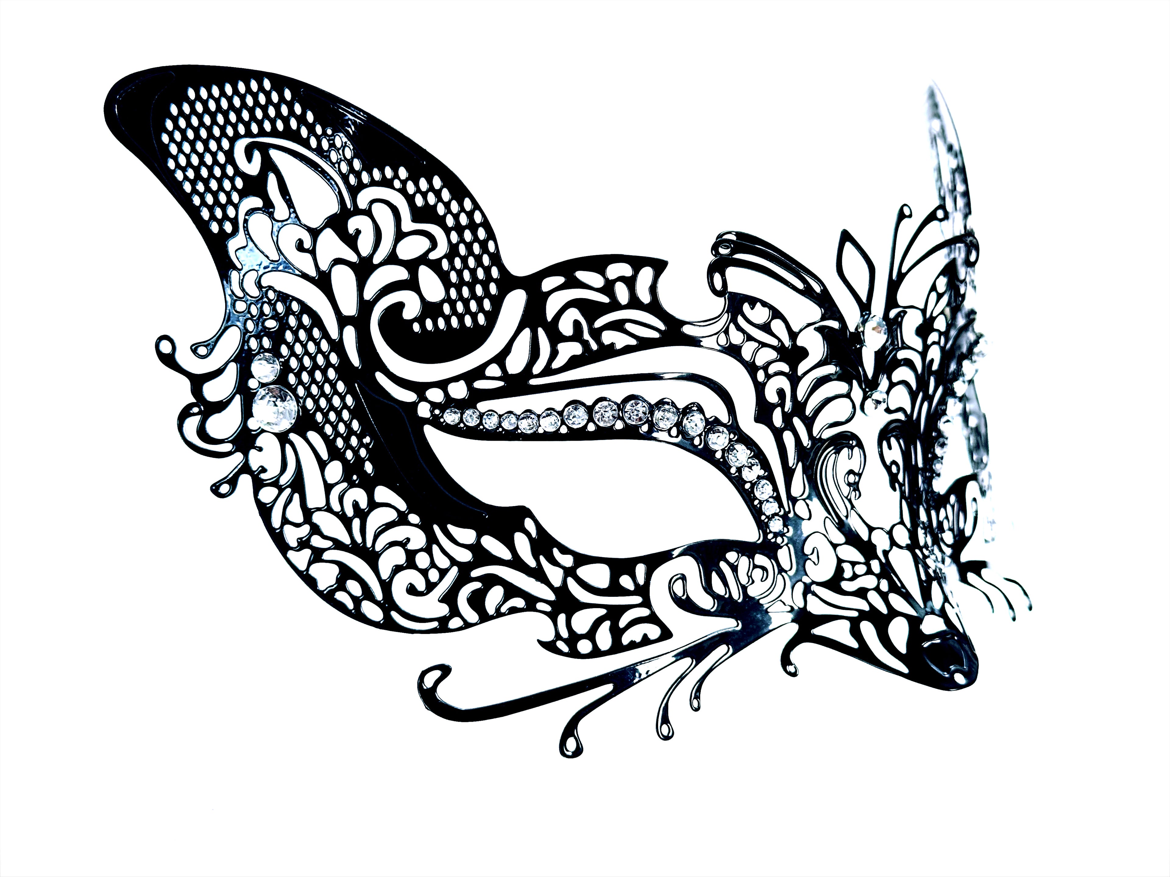 Intricate black and white masquerade mask with fox ears and elegant scroll detailing