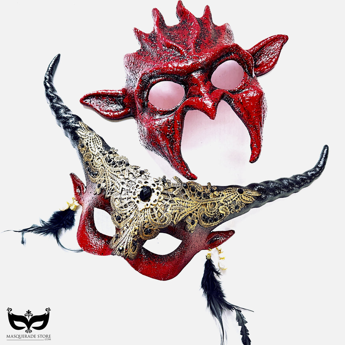 Red and black devil horn couples masquerade mask set with gothic gold detailing, perfect for Halloween, cosplay, and masquerade balls.
