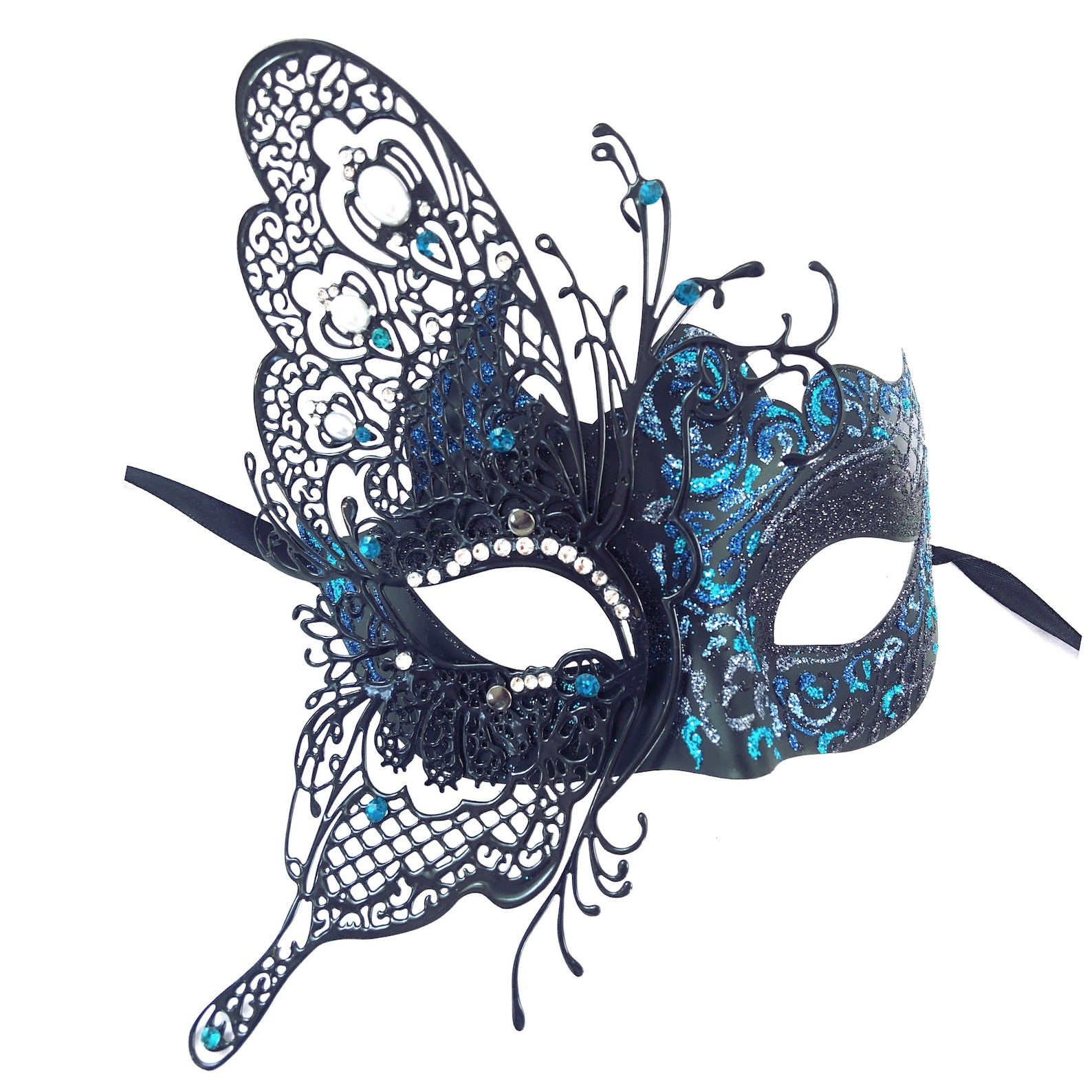 Black filigree butterfly masquerade mask with blue glitter and rhinestone details.