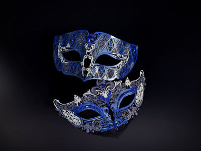 Blue and silver laser-cut couples masquerade masks with rhinestone details