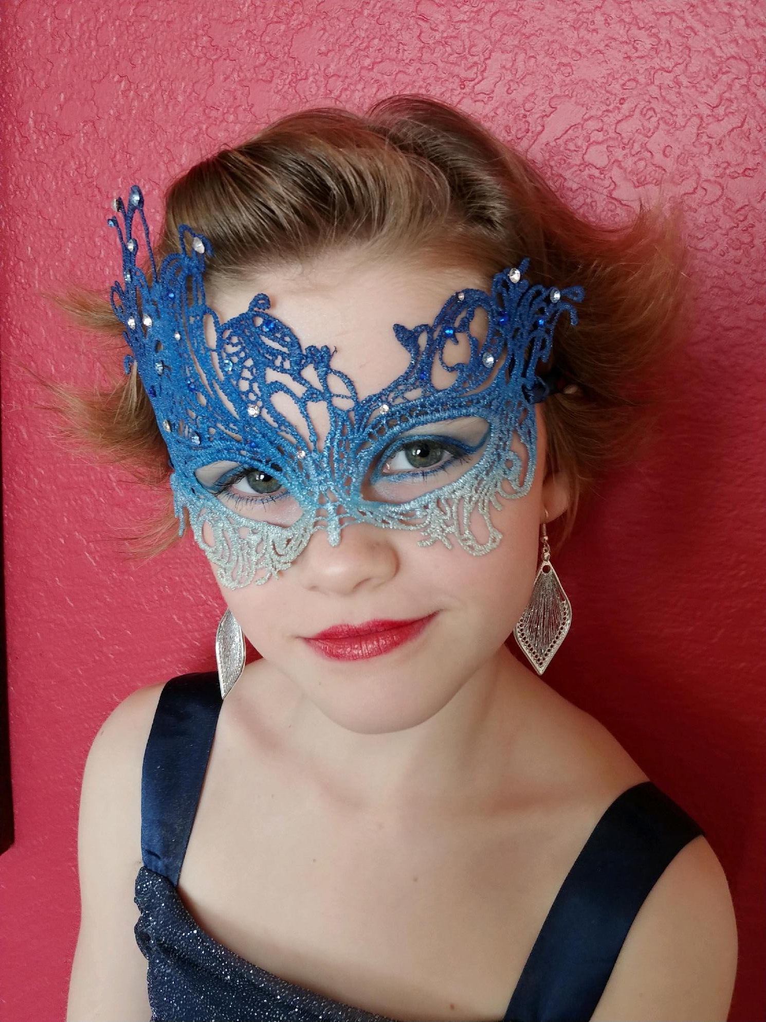 Sparkly blue masquerade mask for kids with icy silver accents