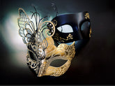 Elegant masquerade masks for couples featuring gold butterfly and black metallic mask
