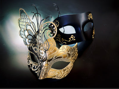 Elegant masquerade masks for couples featuring gold butterfly and black metallic mask