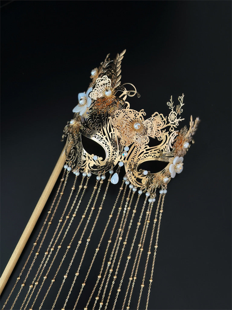 Gold Butterfly Masquerade Mask with Pearl Chain Fringe