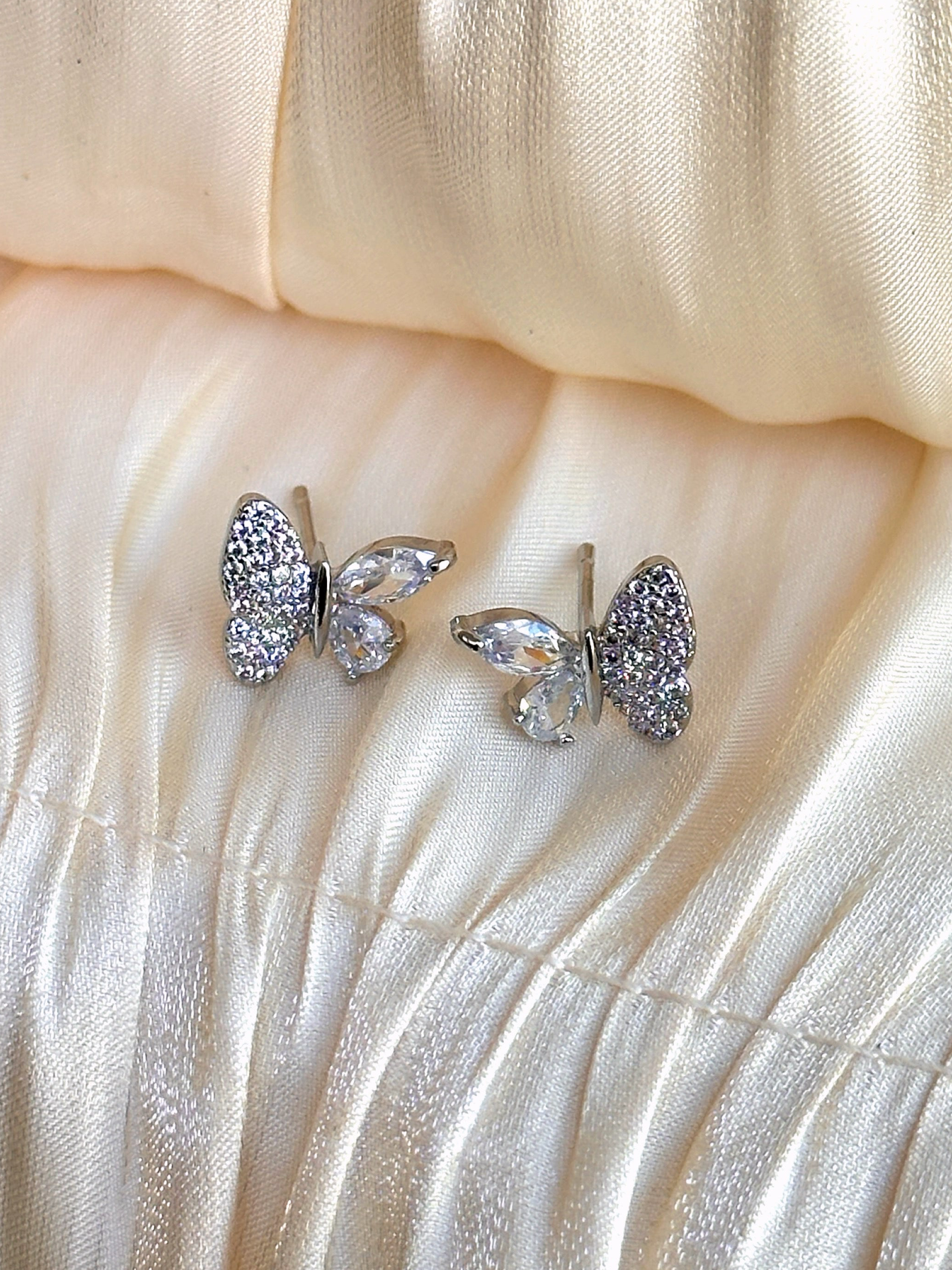 Crystal Butterfly Stud Earrings (Silver)