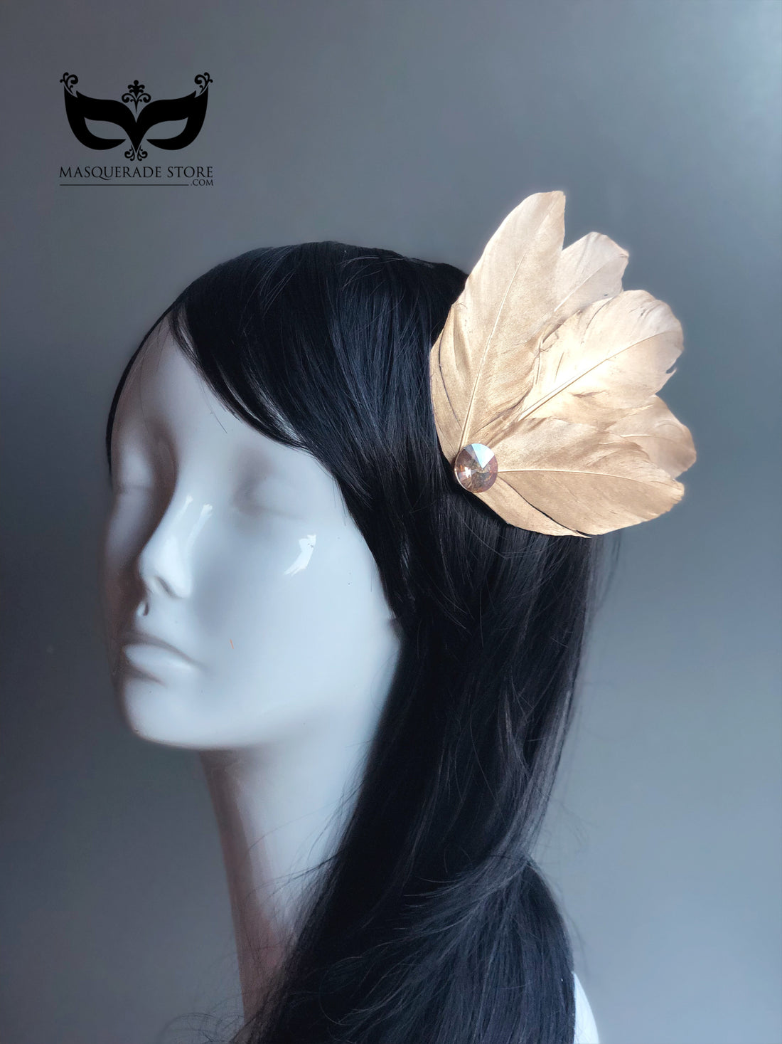 Champagne feather hair clip with crystal accent, 1920s Gatsby flapper accessory.