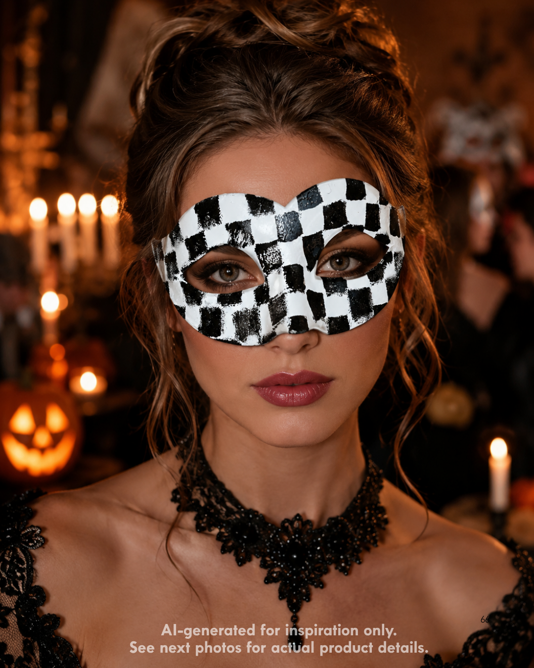 Checkmate Whisper black and white masquerade mask with irregular checker pattern, sculpted eye openings, and monochrome theatrical styling.