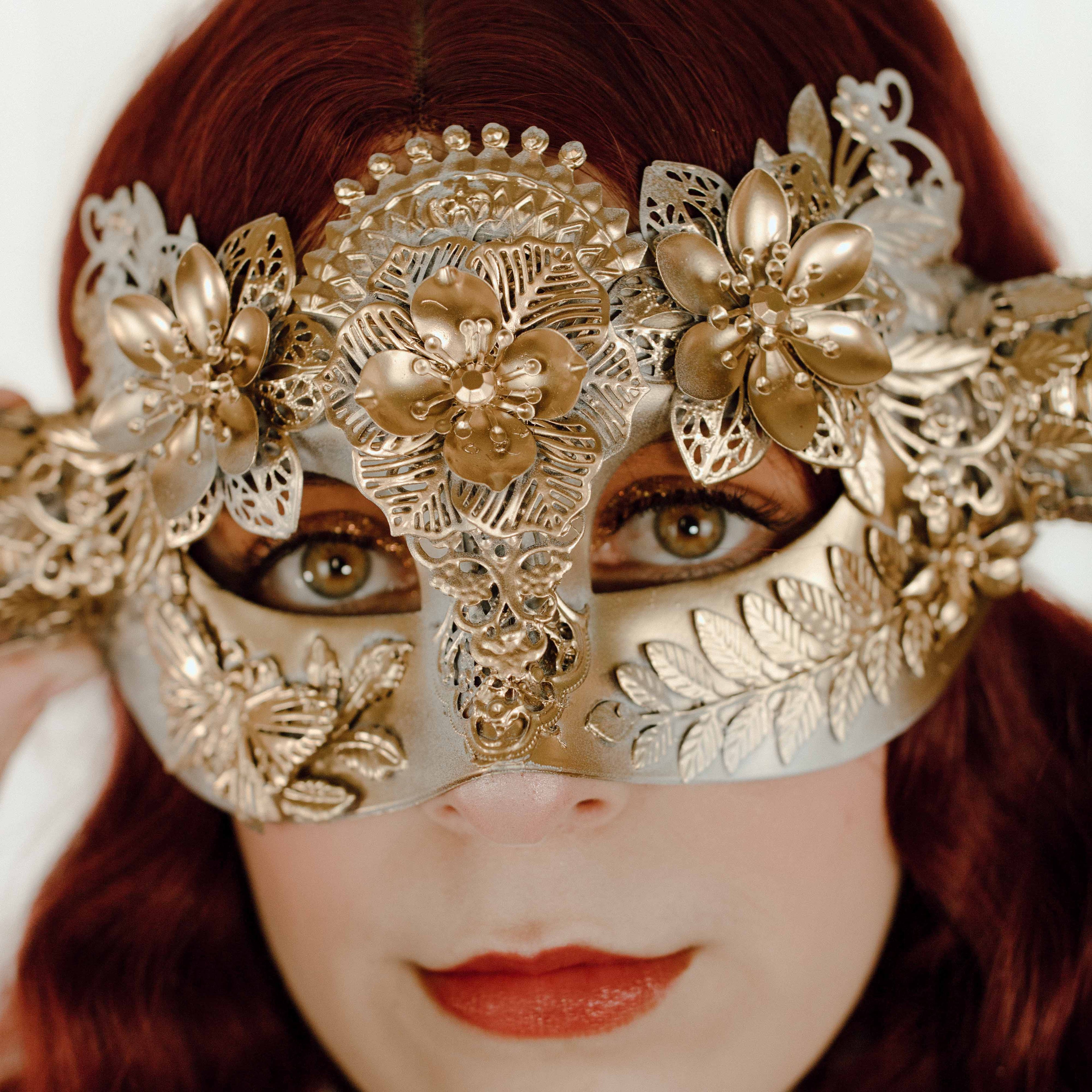 Mythical Horn Mask - Gold White Florals