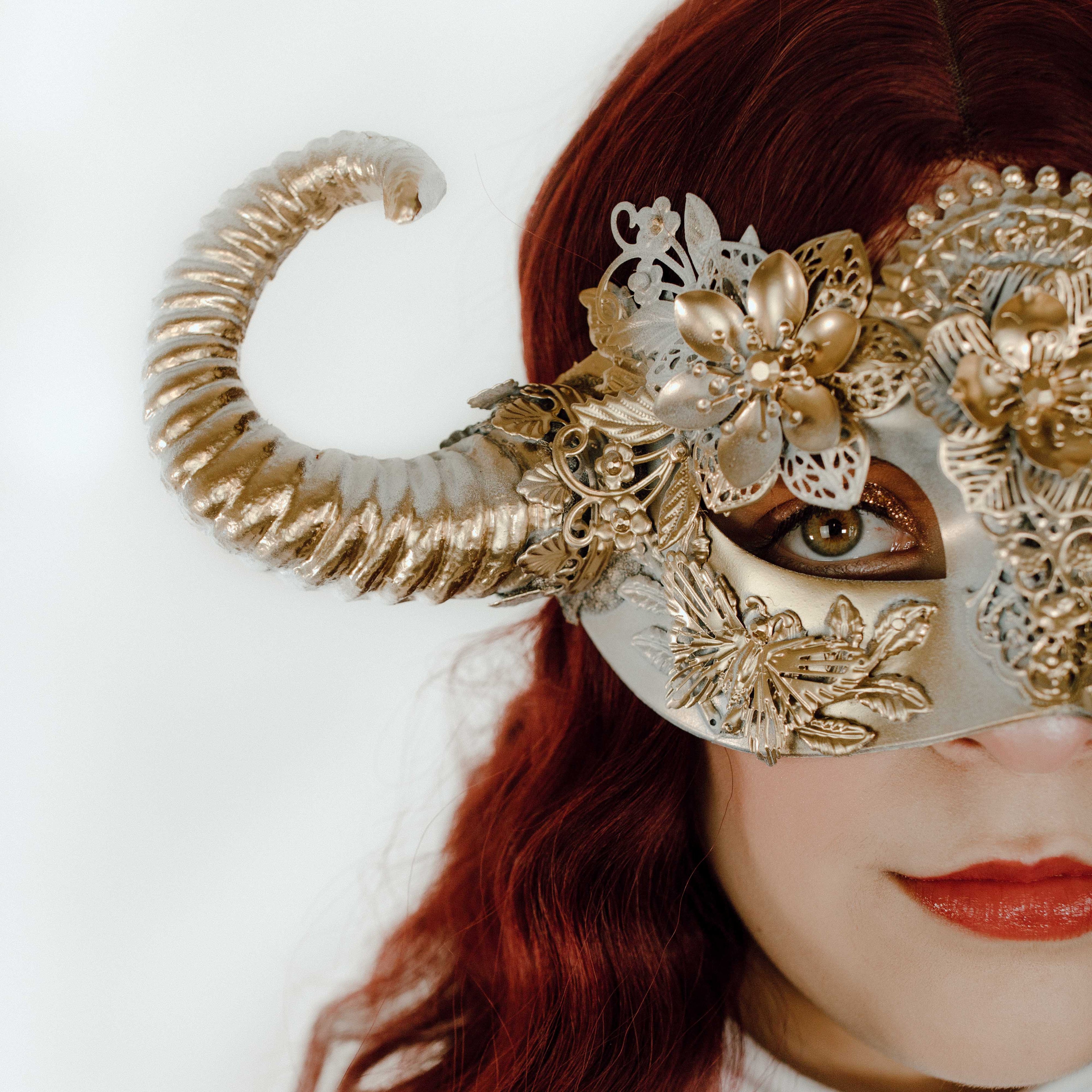 Mythical Horn Mask - Gold White Florals