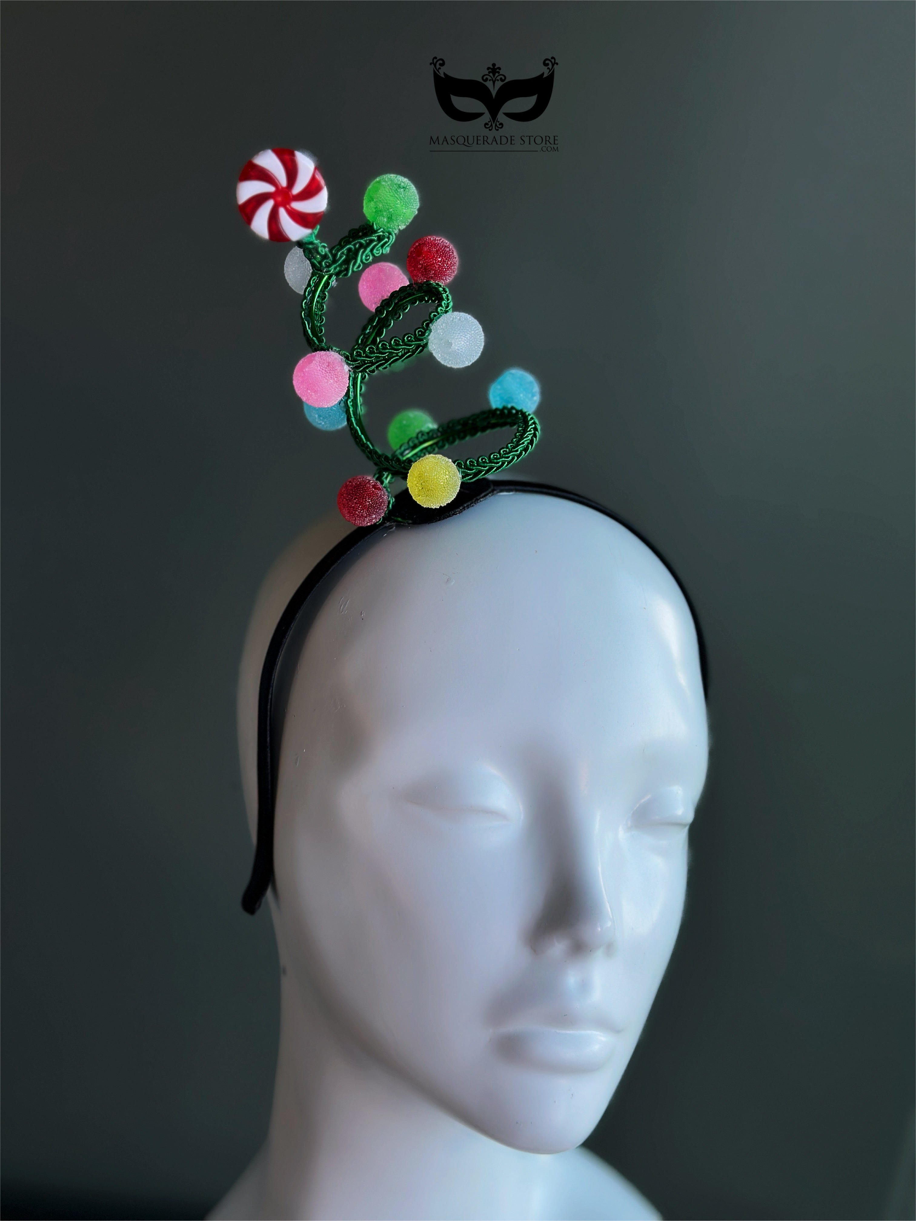 Christmas candy swirl spiral headband with peppermint candy topper and colorful pom accents