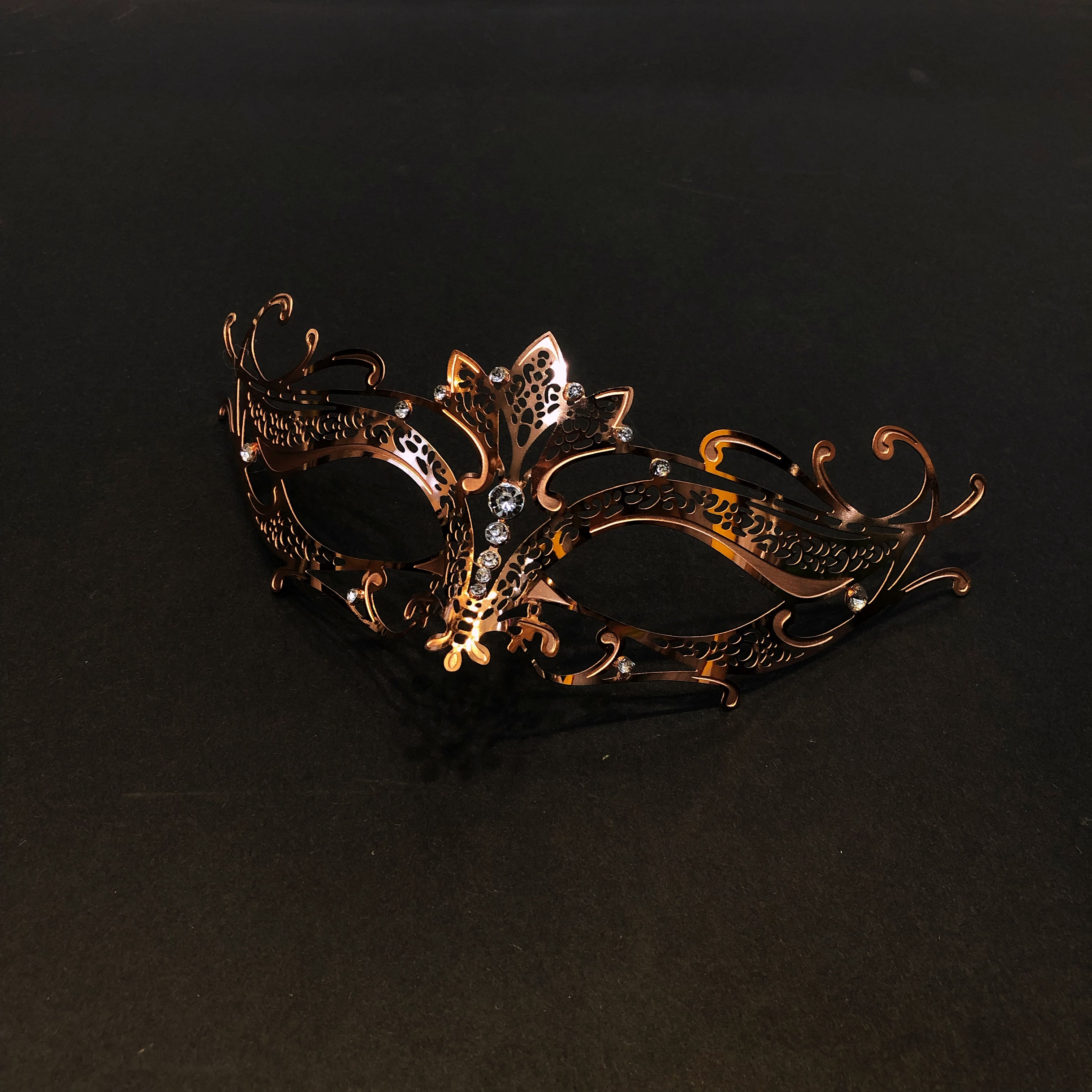 Copper gold filigree masquerade mask with rhinestone accents for women, Venetian metal party mask.